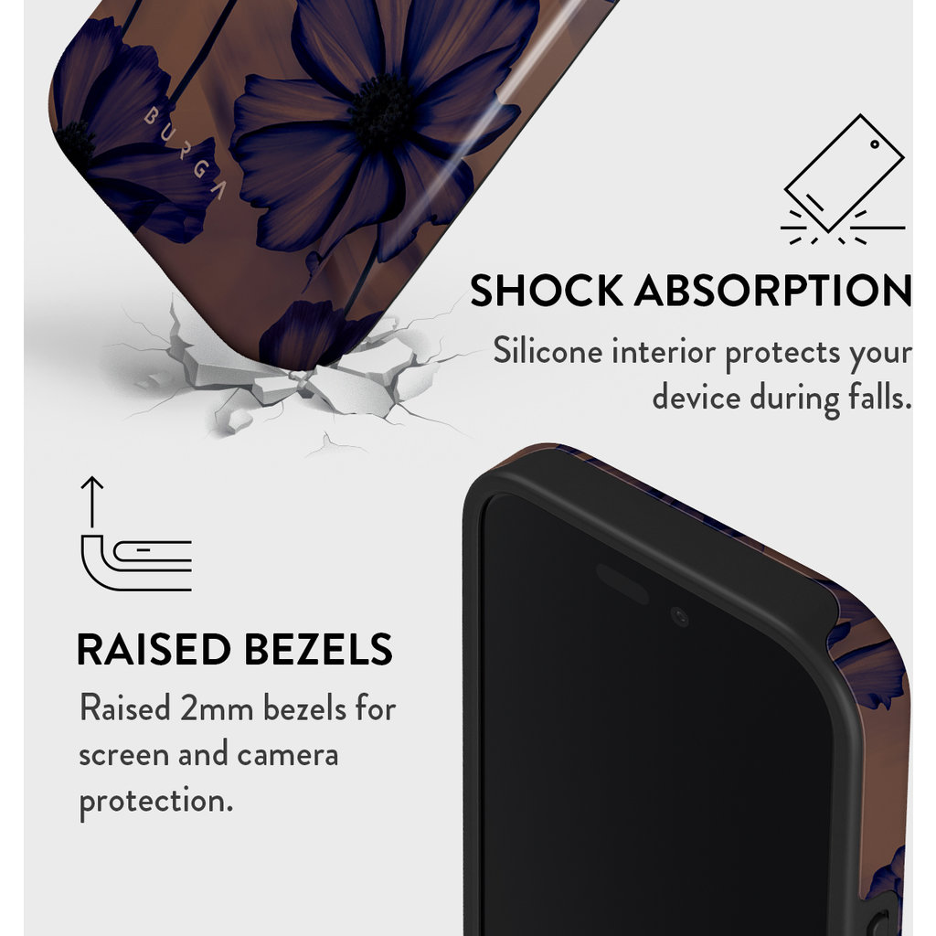 Cover per smartphone floreale che evidenzia assorbimento urti e bordi rialzati.