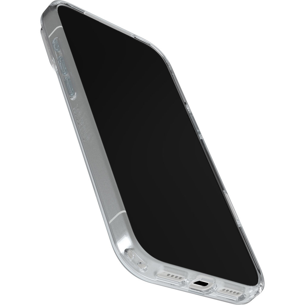 Ein Smartphone in einer klaren Schutzhülle, schräg aufgenommen vor weißem Hintergrund.