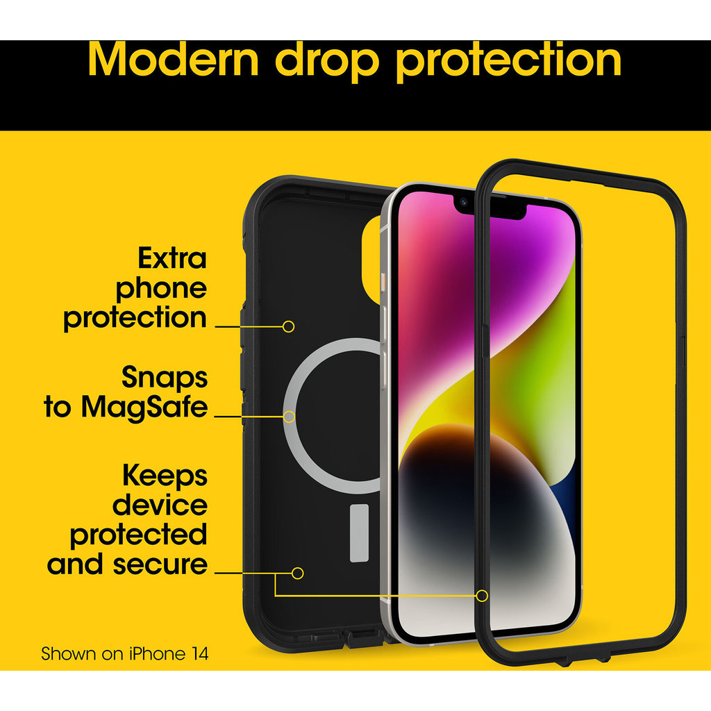 Custodia protettiva nera con MagSafe per iPhone 14 su sfondo giallo con testo.