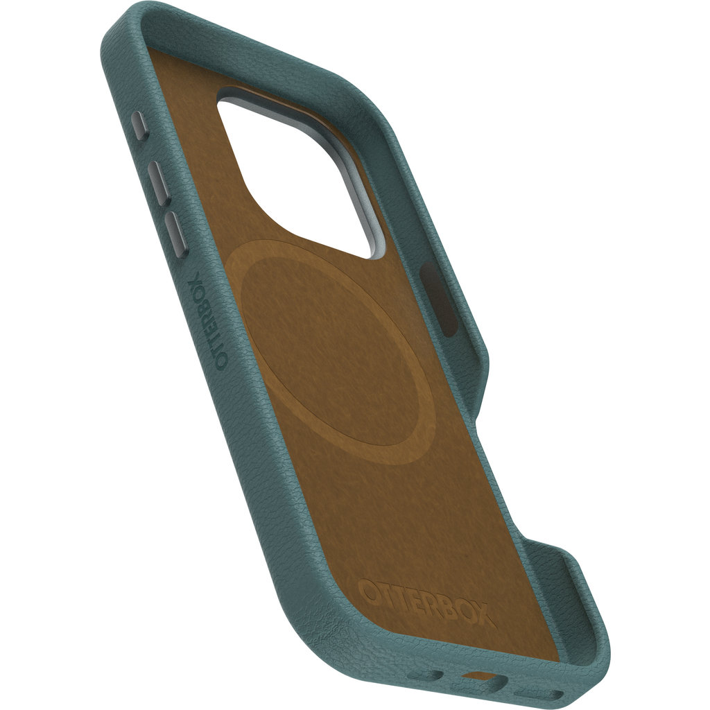 Custodia protettiva blu OtterBox con fodera interna marrone e cerchio MagSafe.
