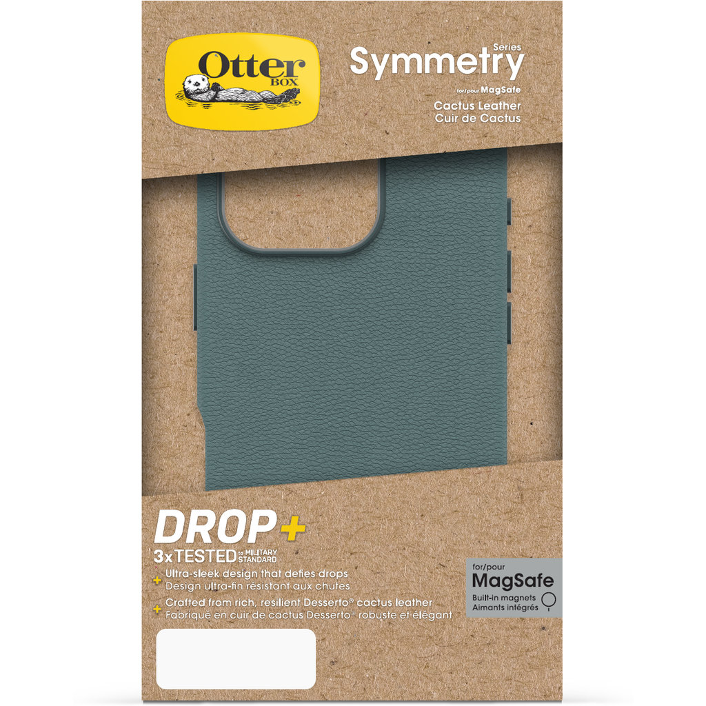 Confezione di una custodia per telefono OtterBox Symmetry in pelle di cactus verde con MagSafe.