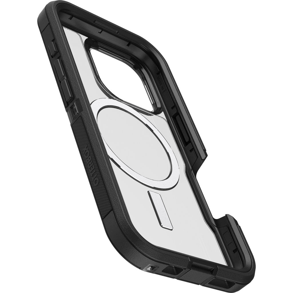 Una robusta custodia protettiva nera con retro trasparente e anello magnetico.