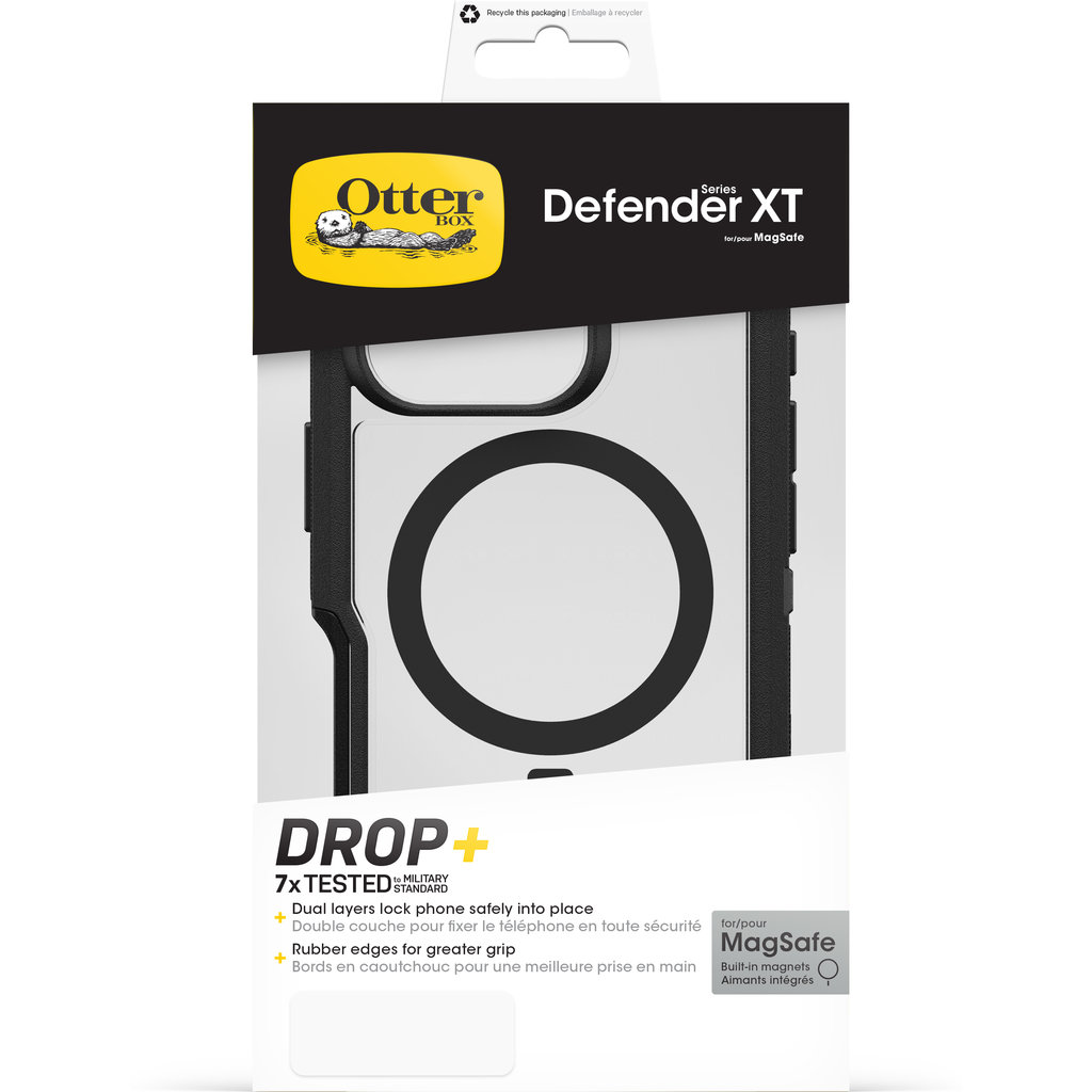 Confezione della custodia per telefono OtterBox Defender XT MagSafe con dettagli neri e caratteristiche.