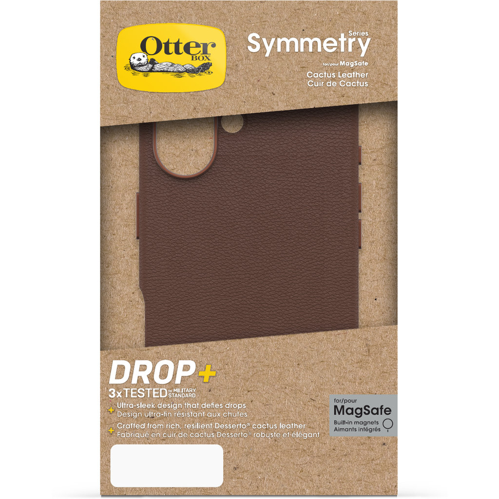 OtterBox Symmetry-Handyhülle aus braunem Kaktusleder in recycelter Verpackung.