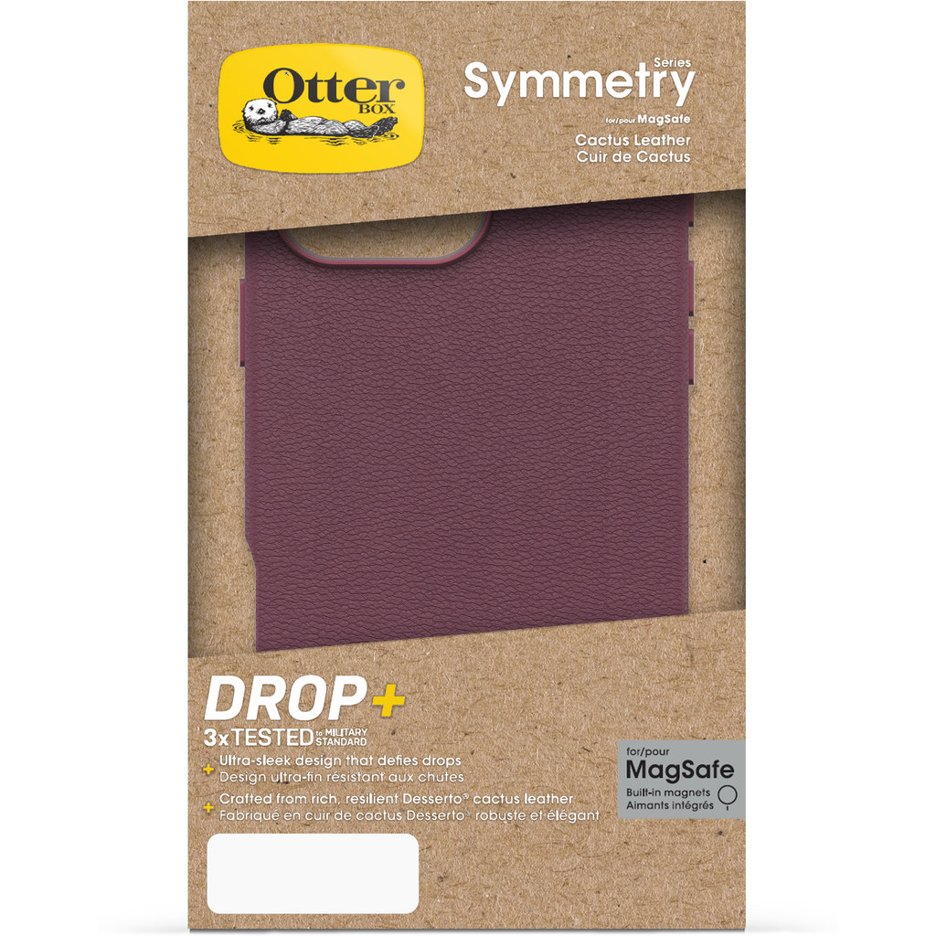 Confezione di una custodia per cellulare OtterBox Symmetry in pelle di cactus rosso scuro con MagSafe.