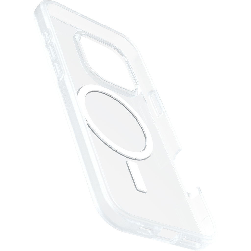 Una cover per smartphone trasparente e chiara con un anello magnetico circolare sul retro su sfondo bianco.