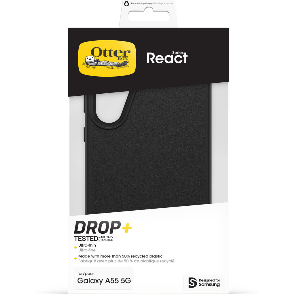 Emballage de la coque de protection noire OtterBox React Series pour Galaxy A55 5G.