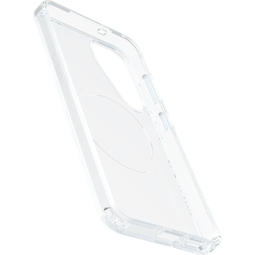 Una custodia trasparente per smartphone vista da dietro su sfondo bianco, con aperture per fotocamera e porte.