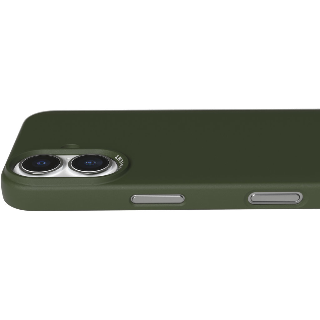 Gros plan d'une coque de téléphone vert olive avec deux objectifs d'appareil photo et des boutons argentés.