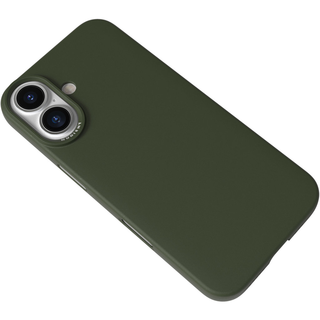 Coque de smartphone vert foncé avec deux objectifs de caméra disposés verticalement et une bordure argentée.