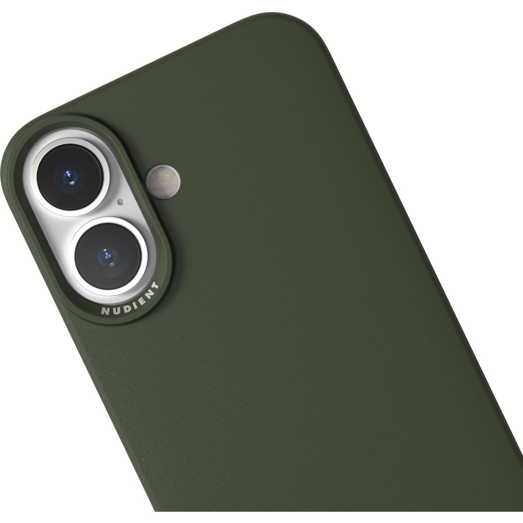 Une coque de smartphone vert foncé avec double capteur photo vertical et flash sur fond blanc.