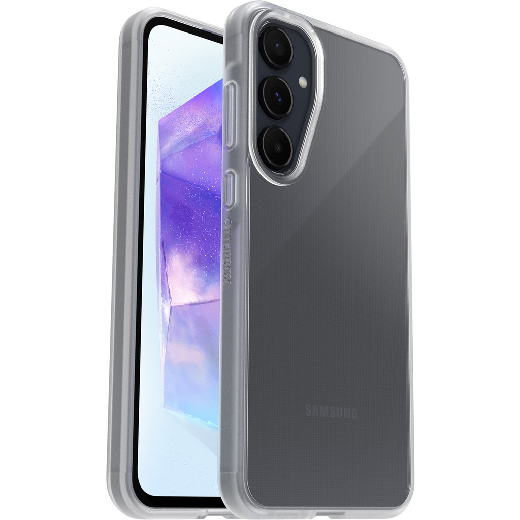Deux vues d'un smartphone dans une coque transparente, montrant le logo Samsung et un triple capteur photo.