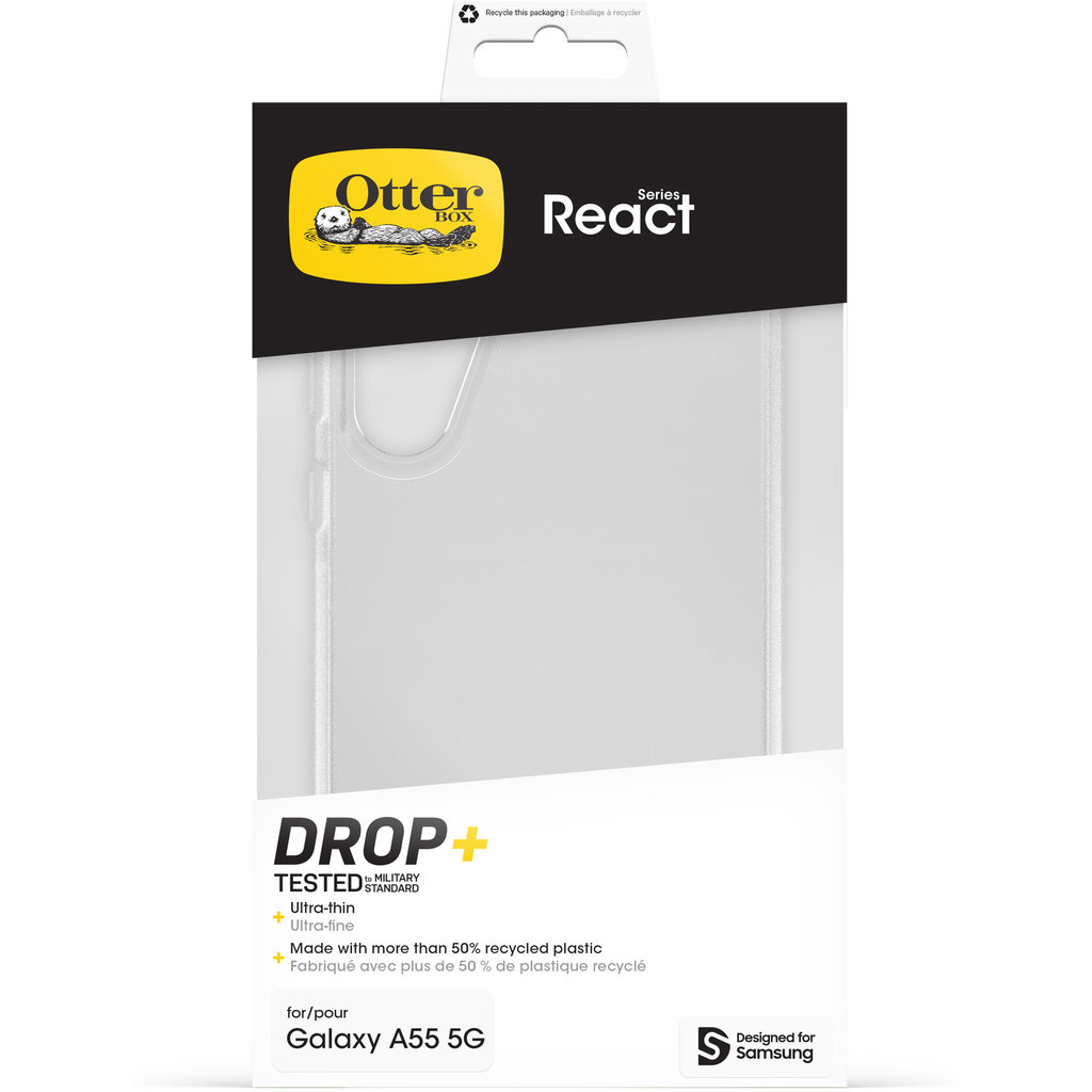 Emballage de la coque de protection OtterBox React Series pour Samsung Galaxy A55 5G.