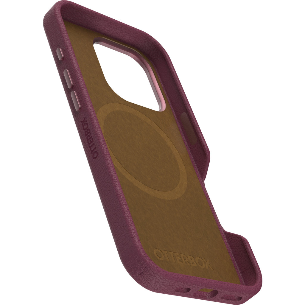 Una custodia per telefono in pelle viola con fodera marrone e logo.
