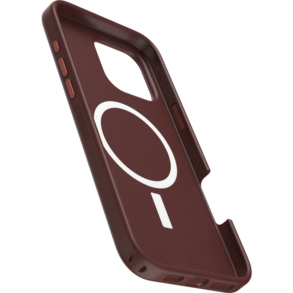 Custodia protettiva OtterBox marrone con anello MagSafe bianco all'interno.