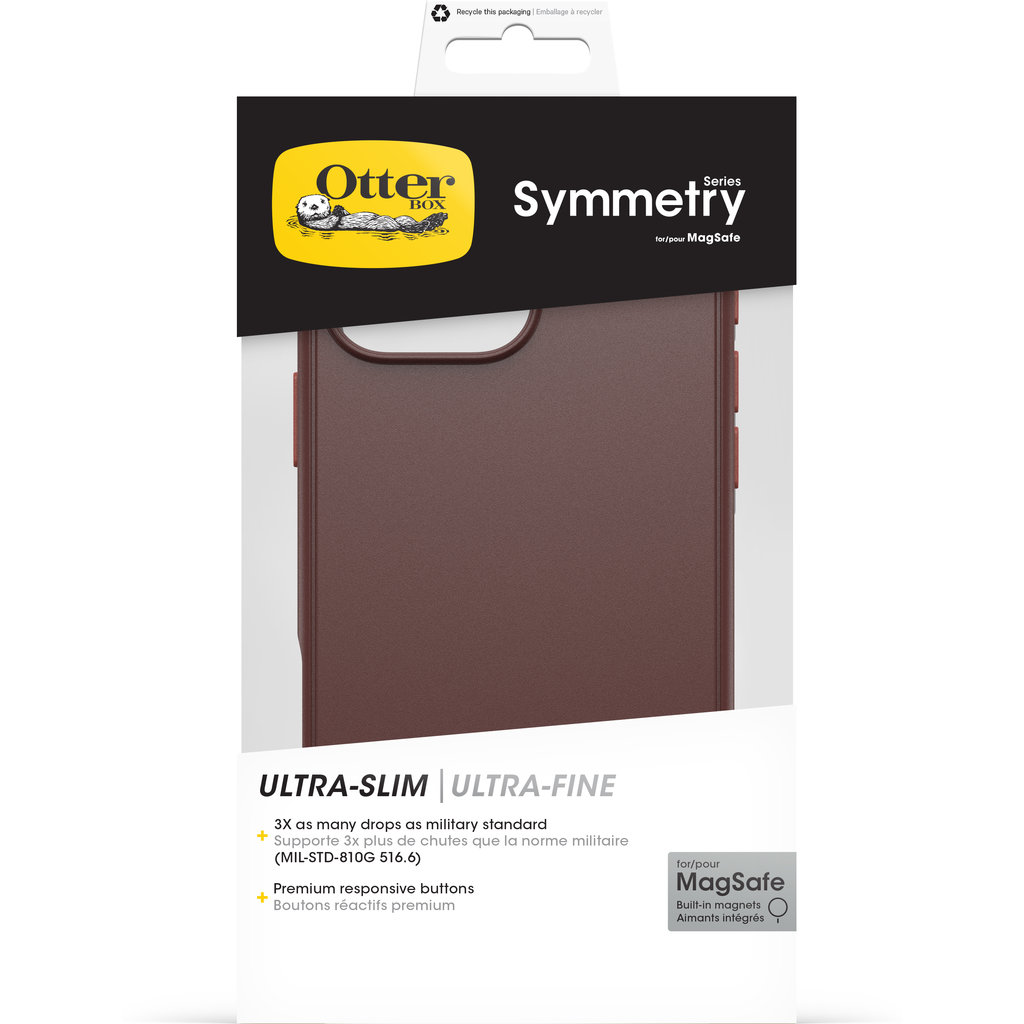 Confezione di una custodia per telefono OtterBox Symmetry MagSafe marrone.