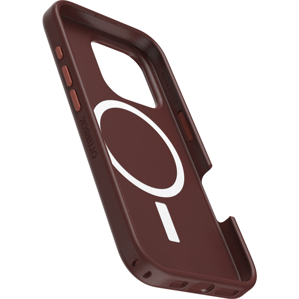 Una custodia per telefono Otterbox marrone che mostra l'interno con un anello MagSafe bianco.