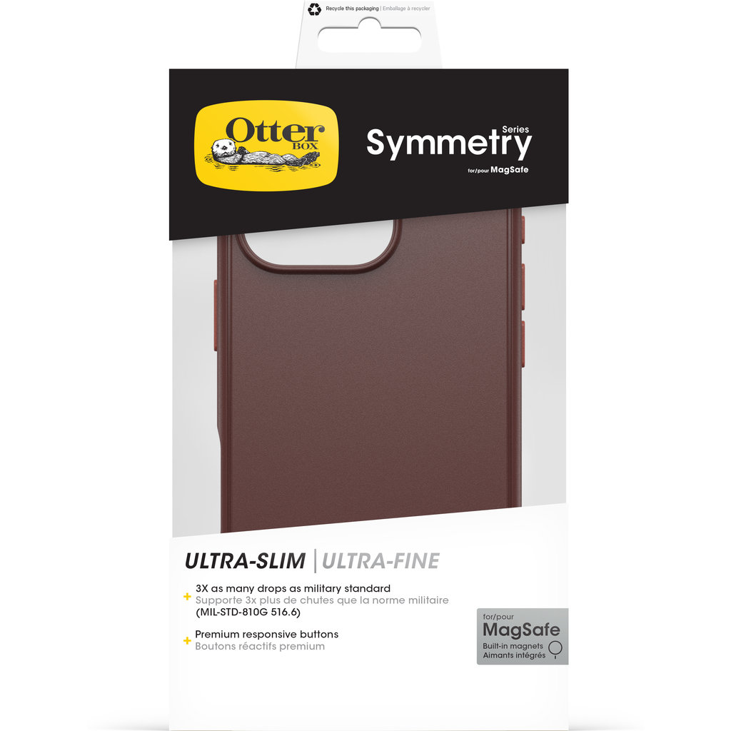 Confezione di una custodia per telefono OtterBox Symmetry marrone per MagSafe.