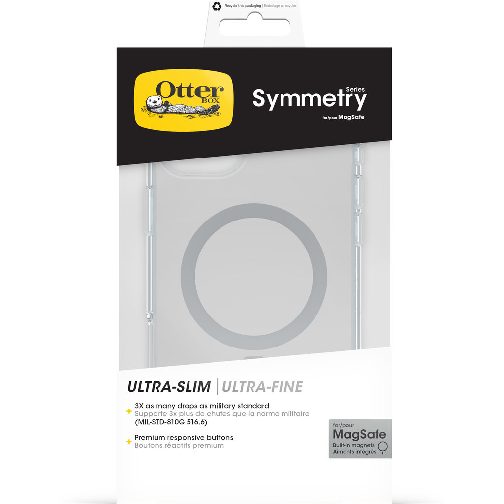 Confezione per custodia OtterBox Symmetry Series per MagSafe con cover trasparente e anello magnetico.