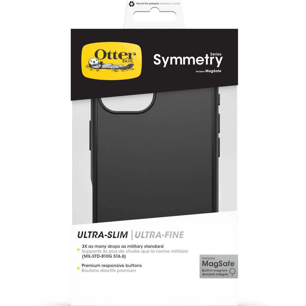 Embalaje de una funda negra OtterBox Symmetry con el logotipo de MagSafe y características.