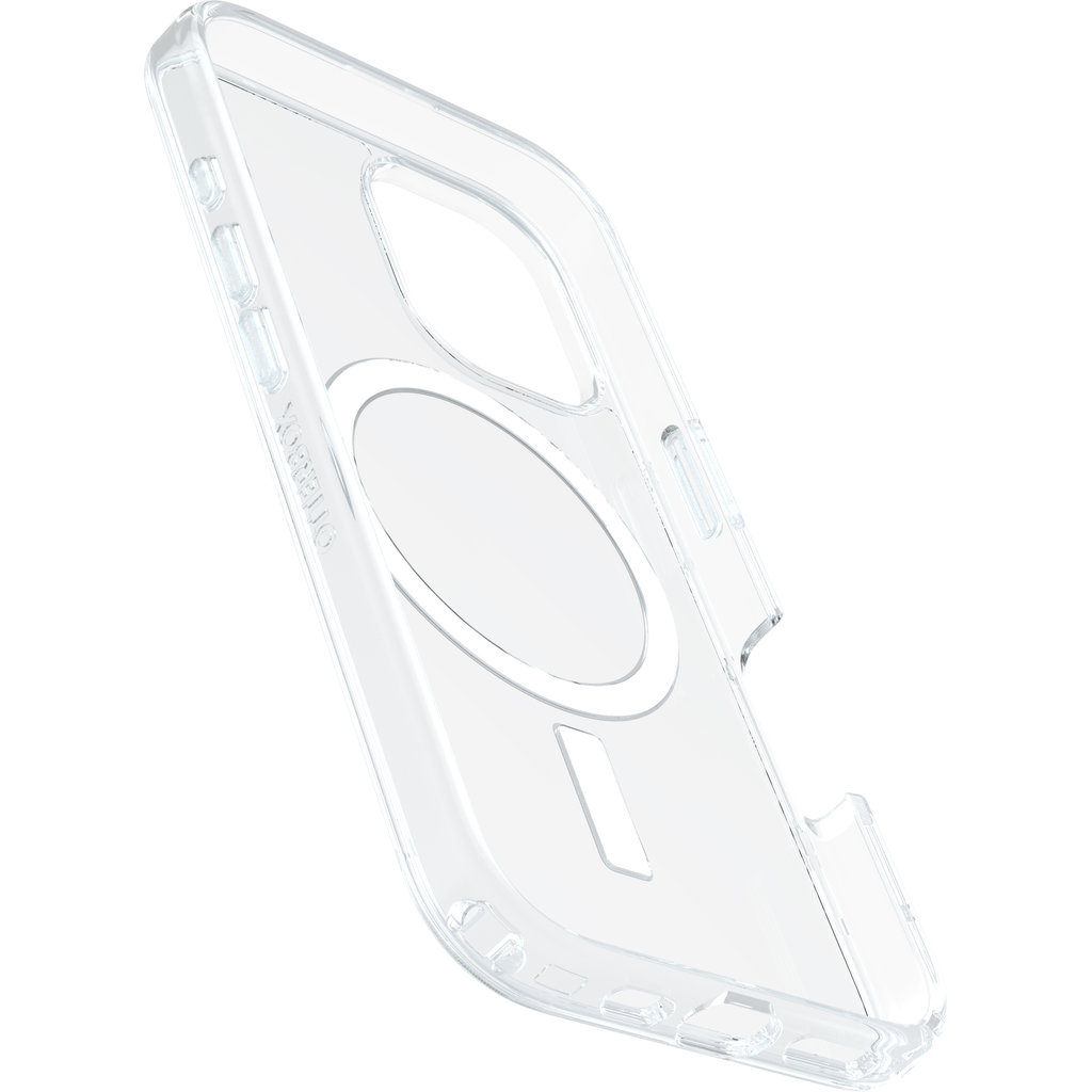 Custodia trasparente per smartphone con anello MagSafe e ritagli precisi su sfondo bianco.