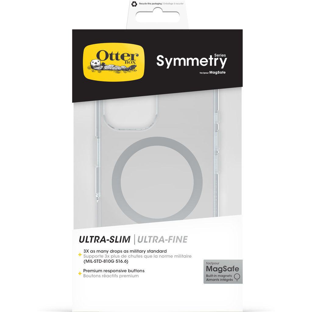Confezione di una custodia trasparente OtterBox Symmetry per MagSafe, con logo e dettagli del prodotto.