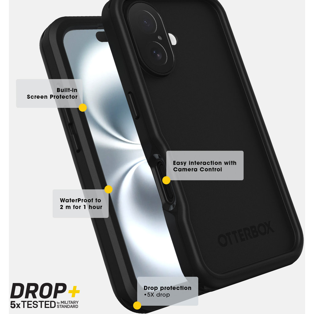 Custodia nera OtterBox per smartphone con caratteristiche e logo Drop+ 5x Tested su sfondo chiaro.