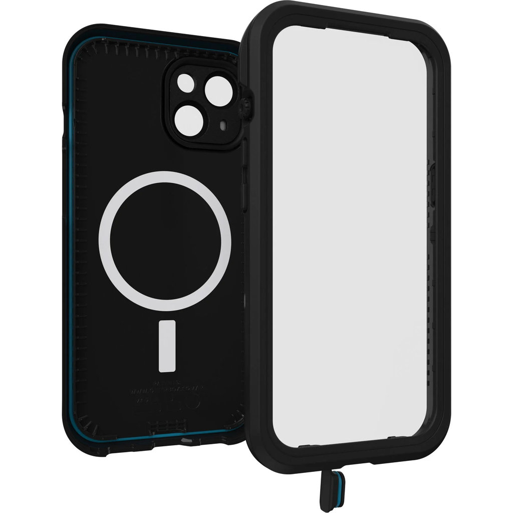Eine schwarze Schutzhülle mit MagSafe-Ring hinten und klarem Displayschutz vorne.