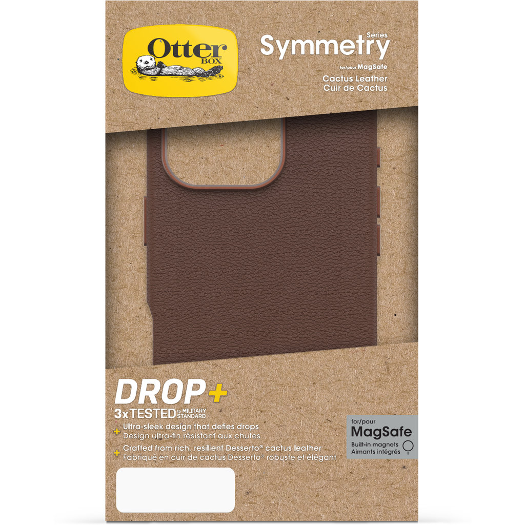 Custodia per telefono in pelle di cactus marrone OtterBox Symmetry nella confezione.