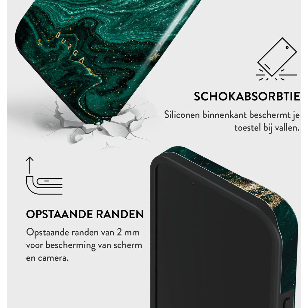 Product ad showing a green marble phone case with shock absorption and raised edges.
