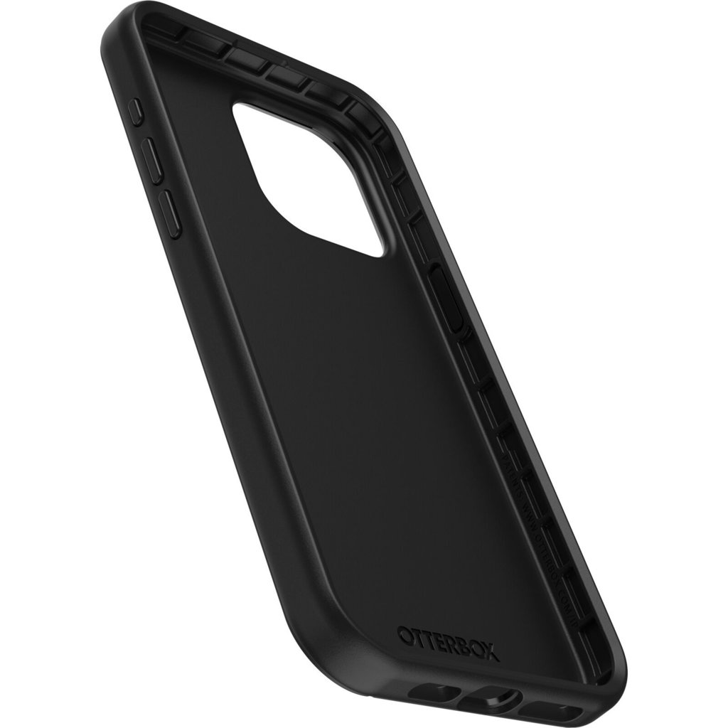 Una cover per smartphone OtterBox nera vista da una prospettiva angolata su sfondo bianco.