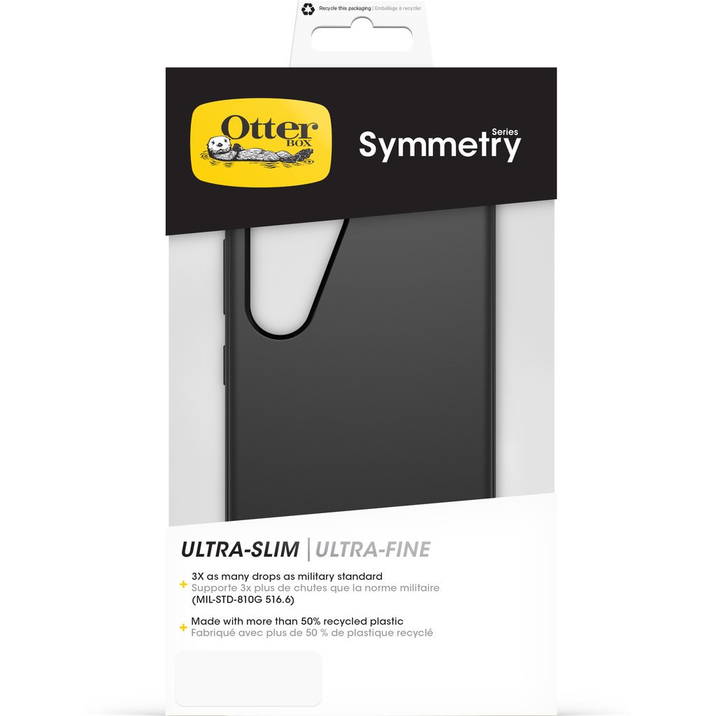 Coque de téléphone OtterBox Symmetry dans un emballage blanc et noir avec texte et logo.
