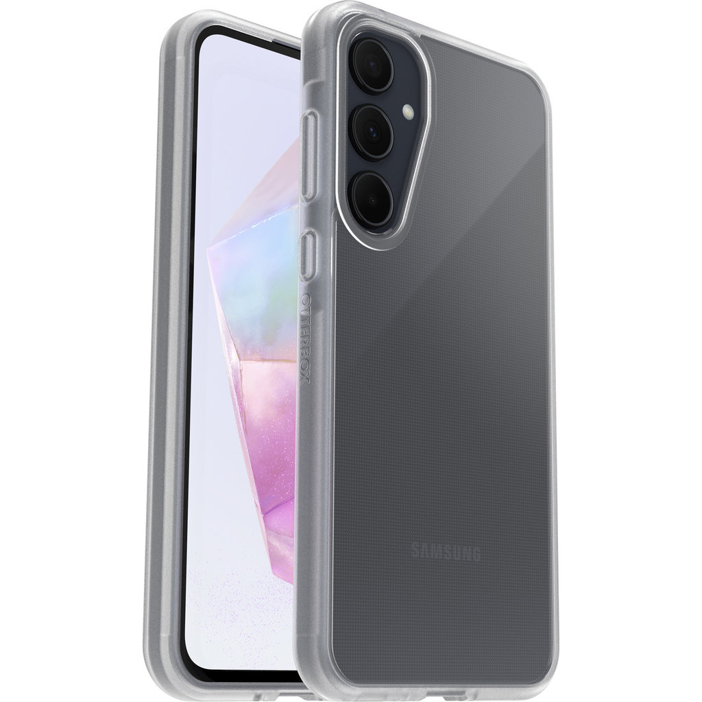 Un smartphone dans une coque de protection transparente montre l'écran et la caméra arrière.