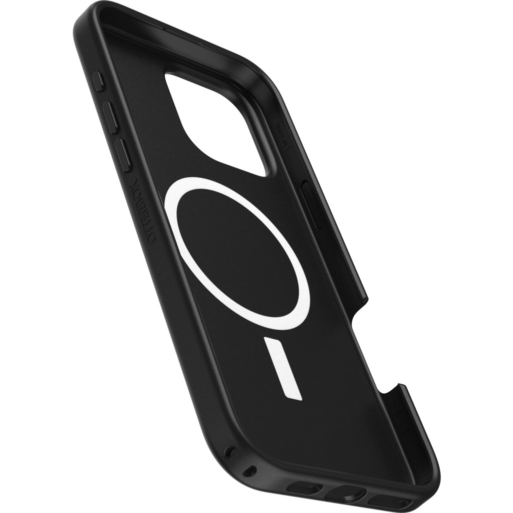 Una custodia protettiva nera con un anello MagSafe bianco all'interno, mostrata inclinata.