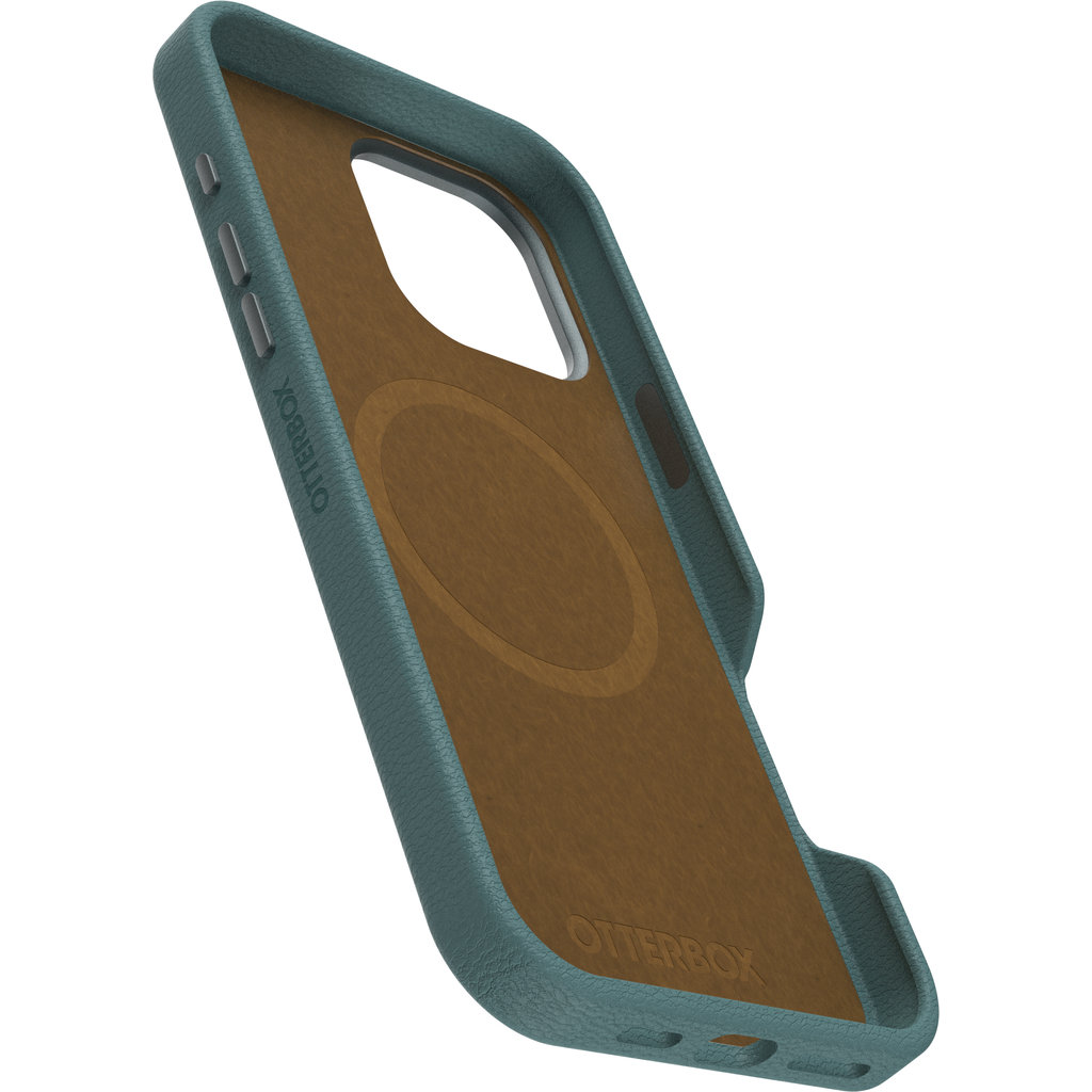 Custodia per telefono in pelle blu OtterBox con interno marrone e cerchio MagSafe.