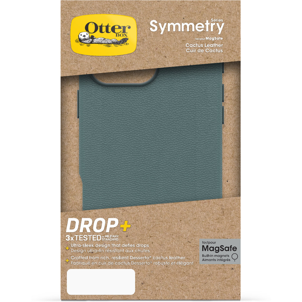 Una custodia per telefono OtterBox Symmetry in pelle di cactus verde, in scatola di cartone.
