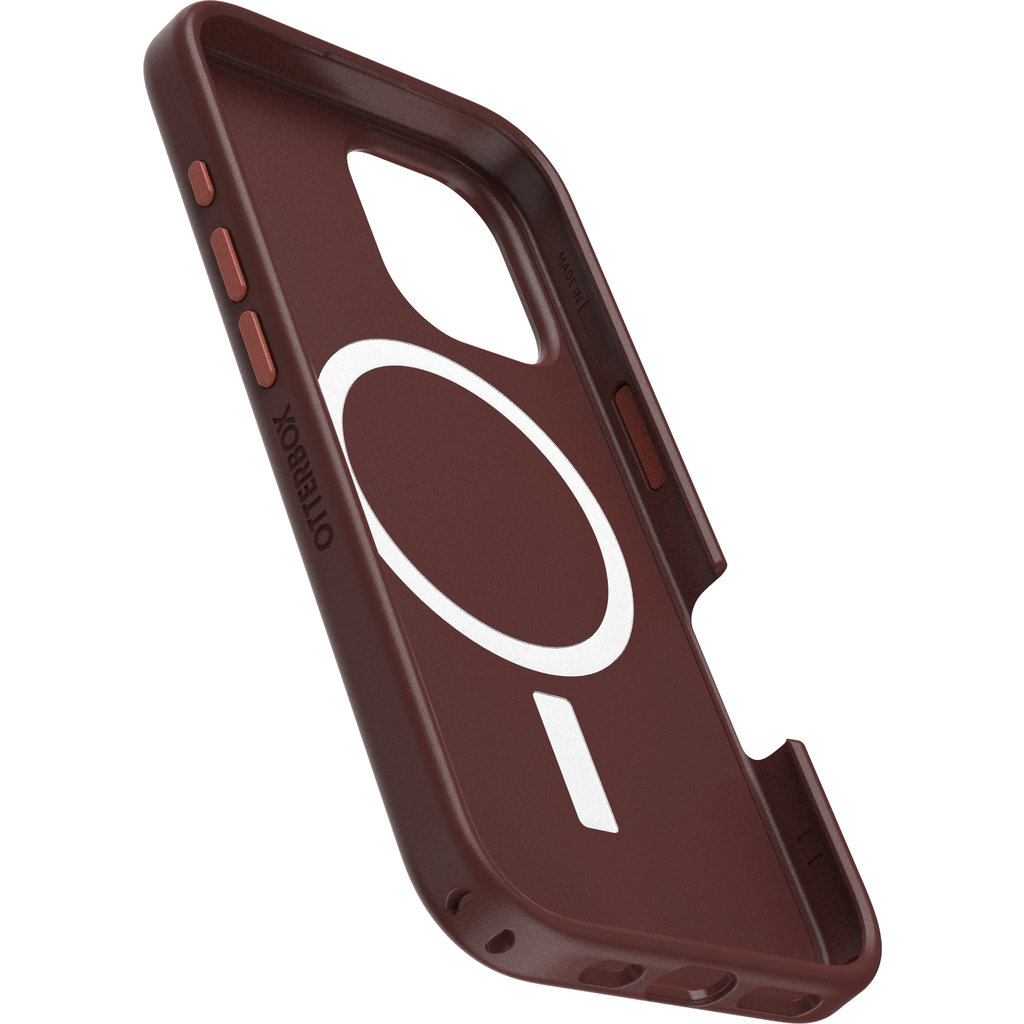 Una funda de movil Otterbox marrón con anillo MagSafe y aberturas sobre fondo blanco.