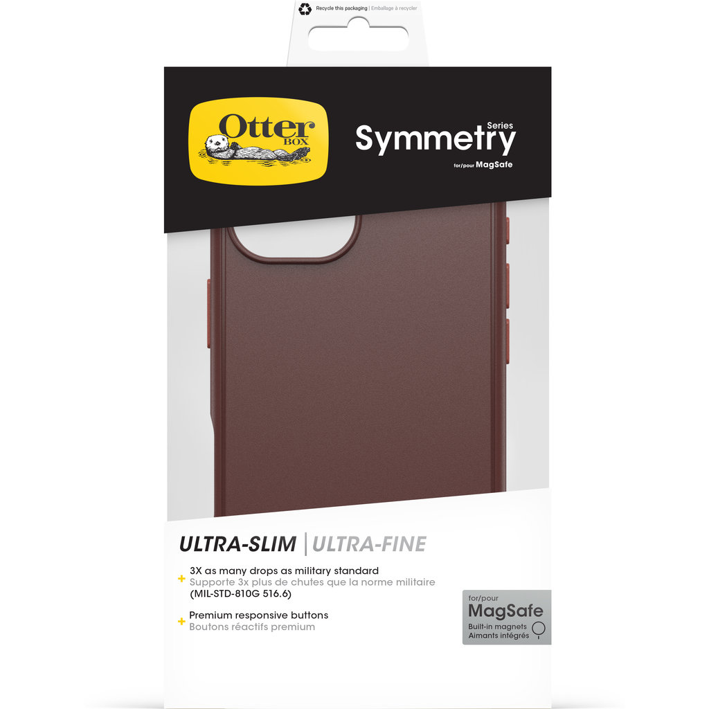 Empaque para funda OtterBox Symmetry Series MagSafe, mostrando la funda marrón y características.