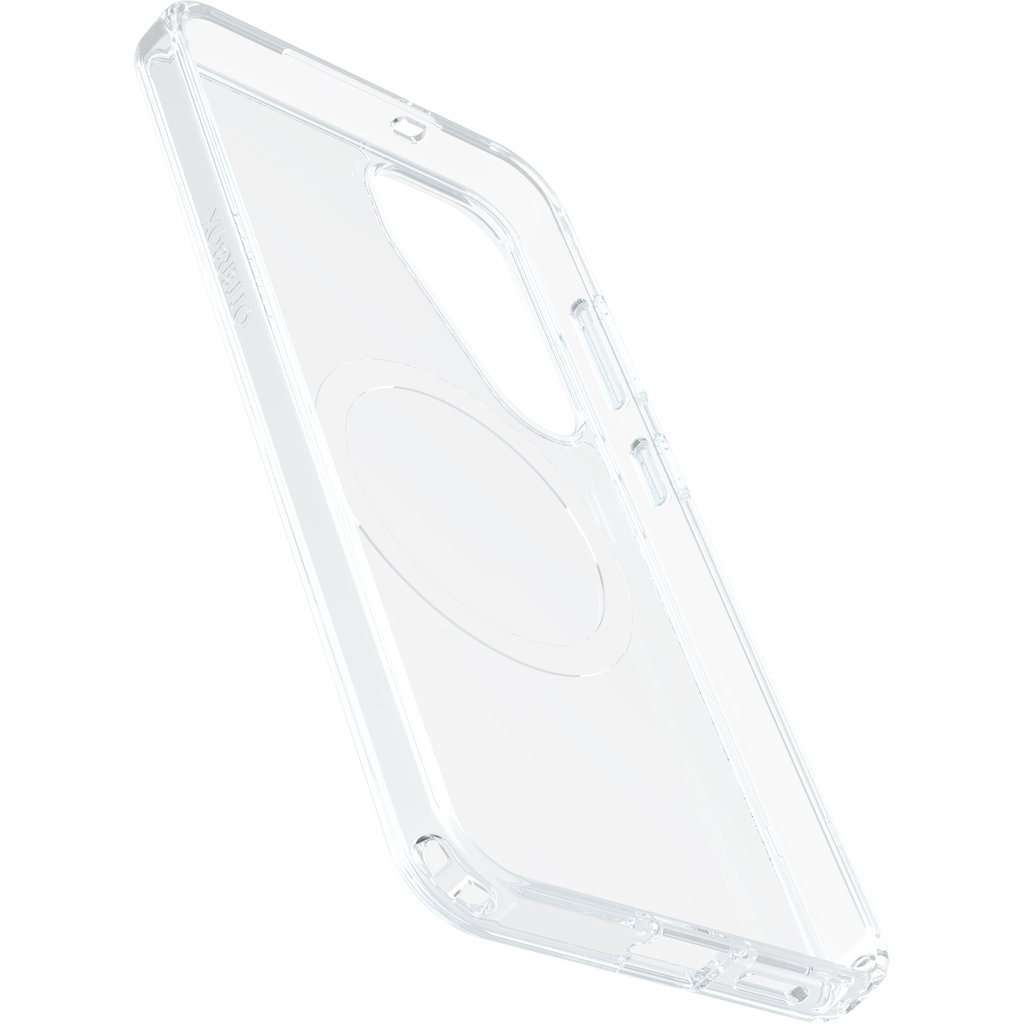 Eine transparente Handyhülle in schräger Ansicht auf weißem Hintergrund.