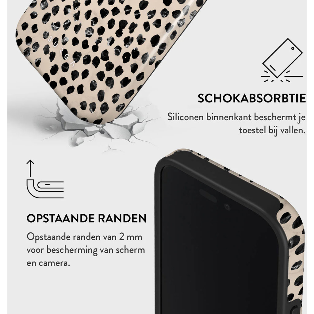 Custodia per smartphone con stampa leopardata e testo sull'assorbimento degli urti e bordi rialzati.