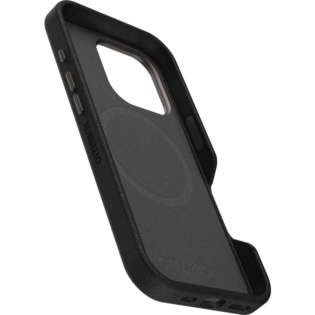 Una custodia protettiva nera OtterBox per cellulare su sfondo bianco.