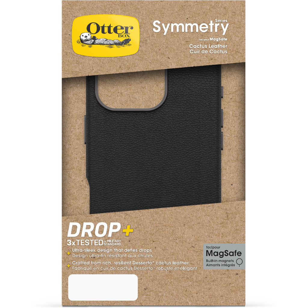 Confezione di una custodia per telefono OtterBox Symmetry in pelle di cactus nera su cartone.