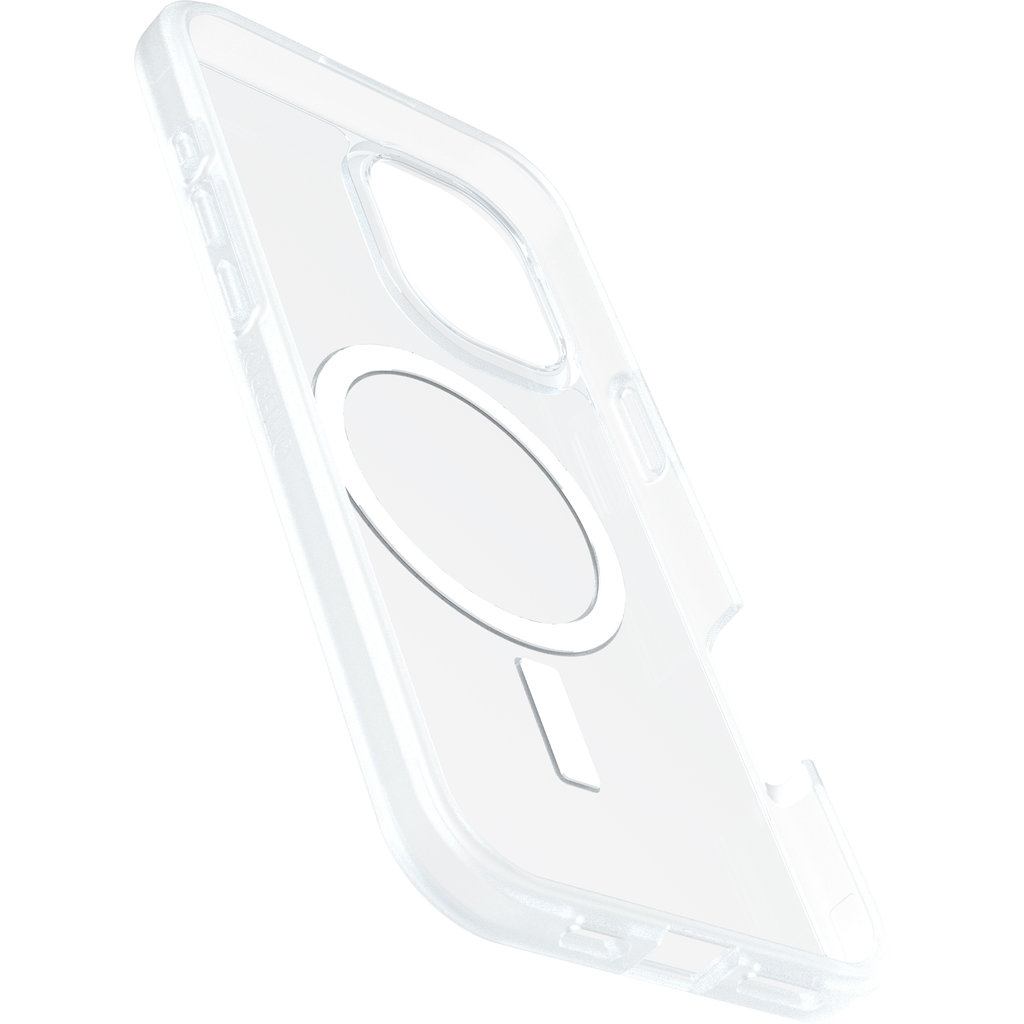 Una custodia trasparente per smartphone con un anello di ricarica magnetico circolare sul retro su sfondo bianco.
