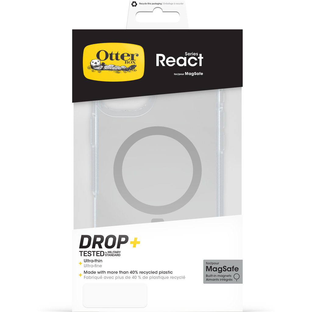 Confezione custodia OtterBox React MagSafe con cover trasparente antiurto.