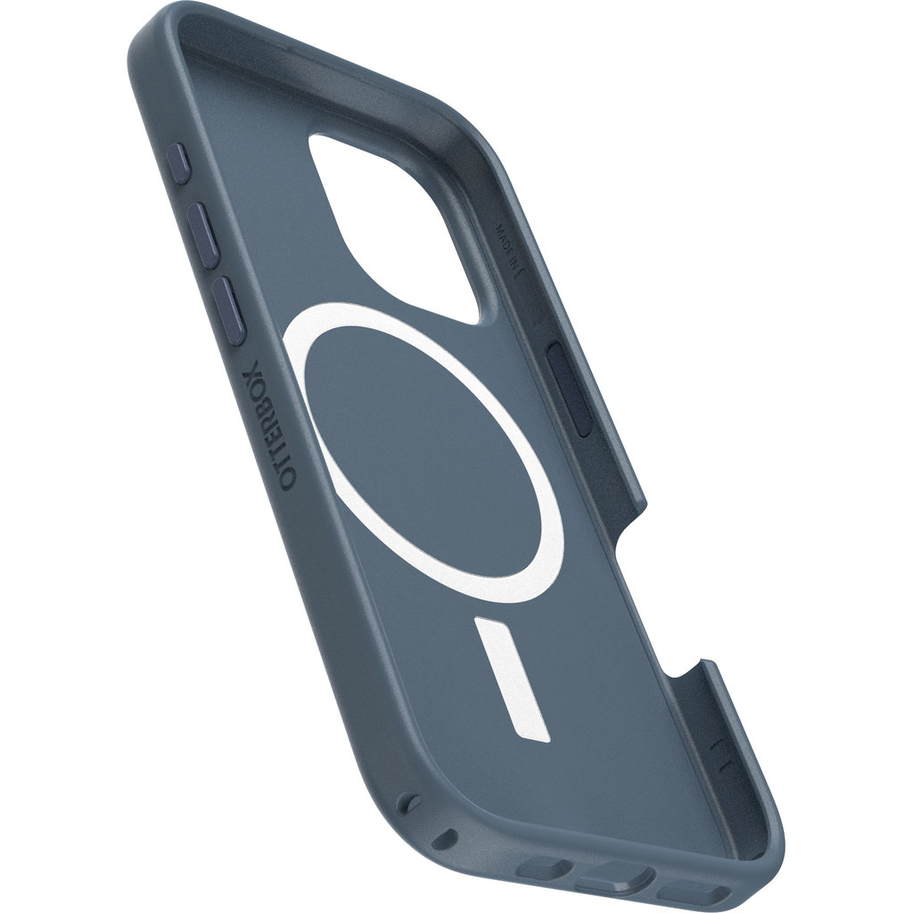 Una custodia per smartphone Otterbox blu scuro con un anello MagSafe bianco e pulsanti laterali su sfondo bianco.