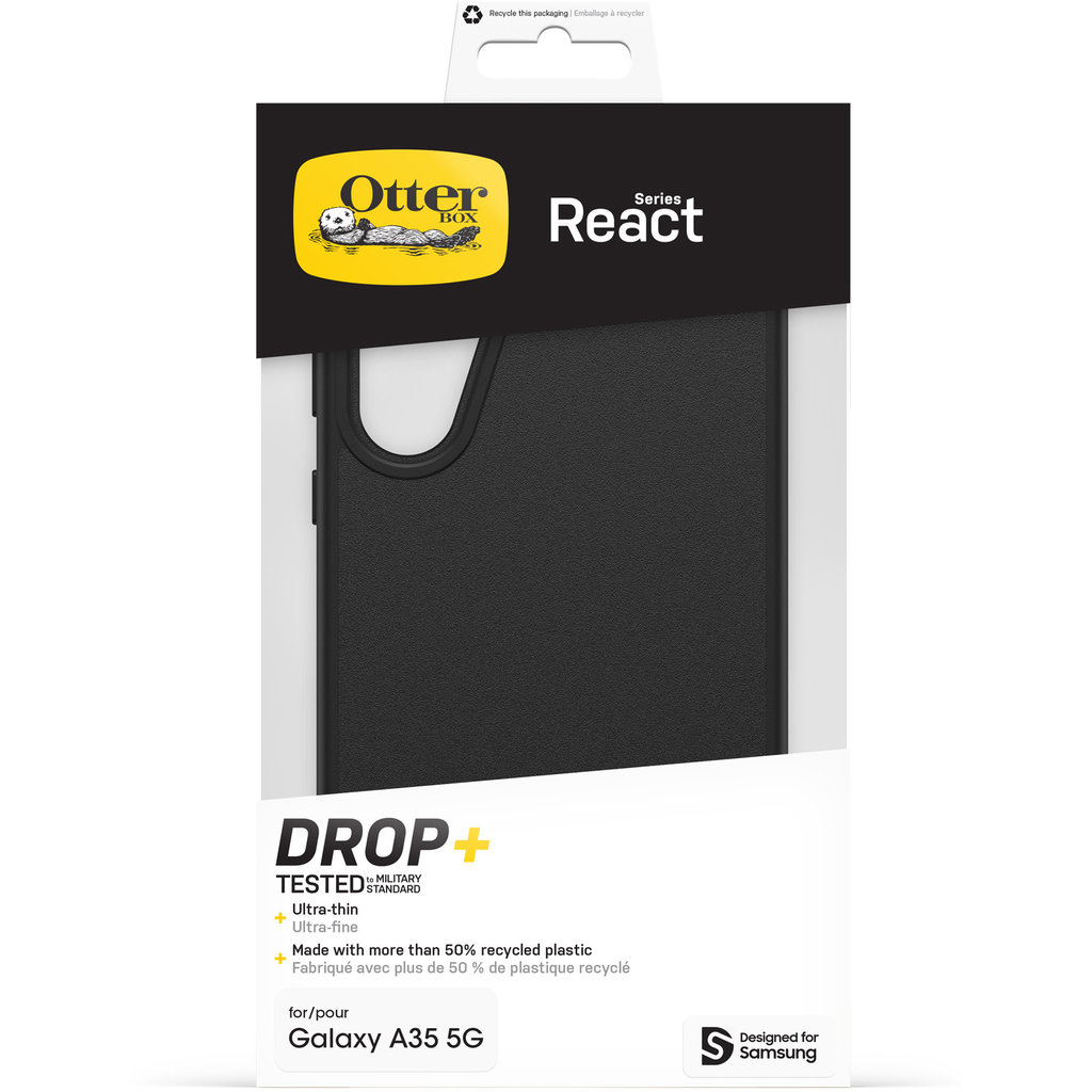Emballage de la coque de protection OtterBox React Series noire pour Galaxy A35 5G.