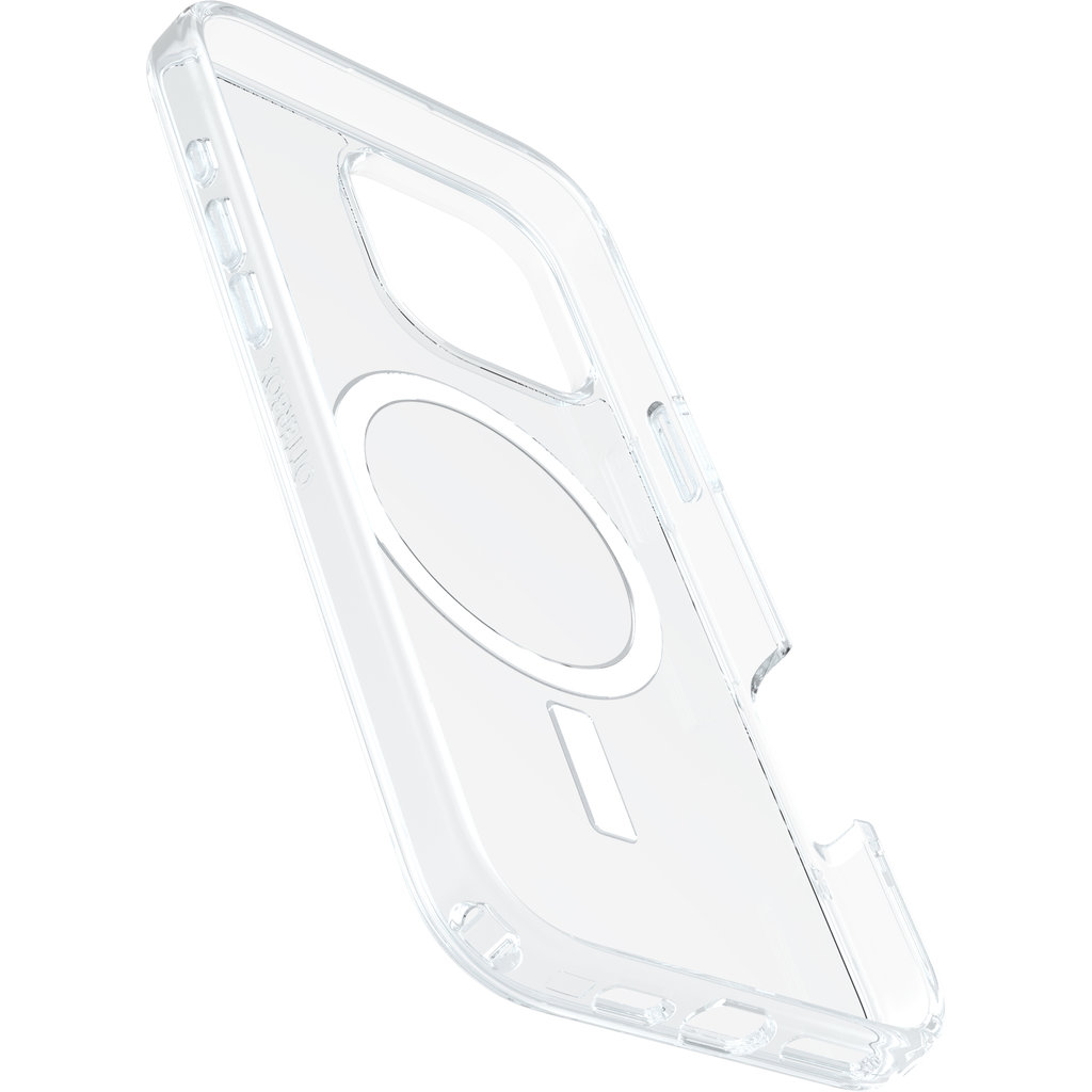 Una custodia per telefono trasparente con anello MagSafe su sfondo bianco.
