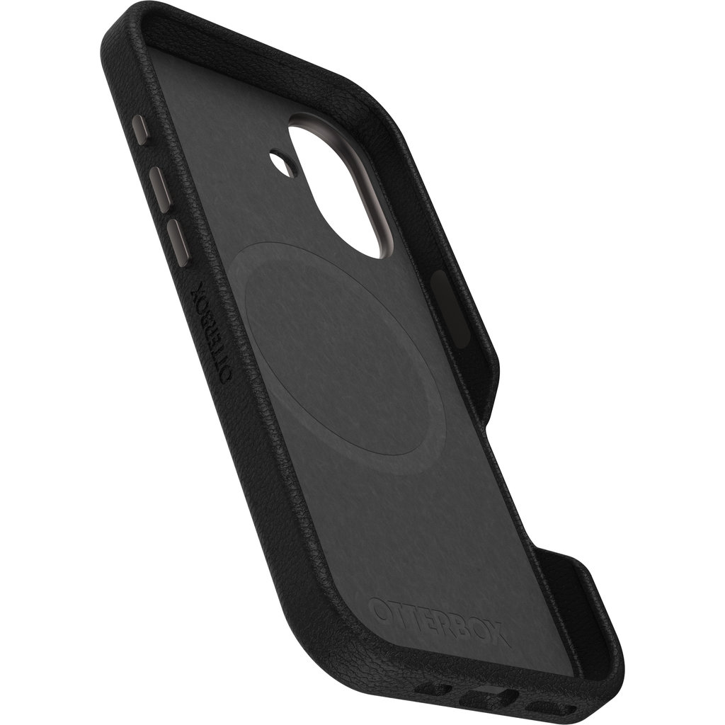 Schwarze Otterbox-Handyhülle aus Leder im Querformat, Innenansicht.