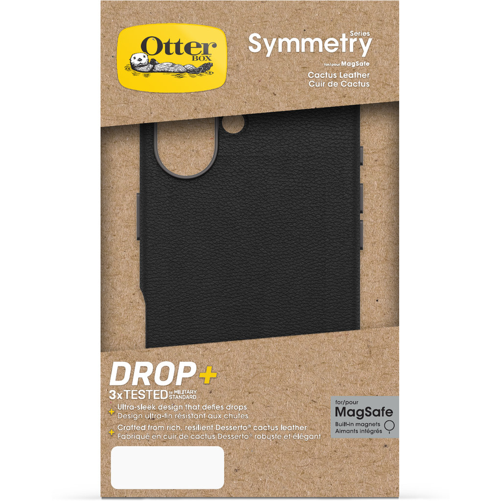 Verpackung der schwarzen OtterBox Symmetry Cactus Leather Hülle für MagSafe auf recyceltem Karton.