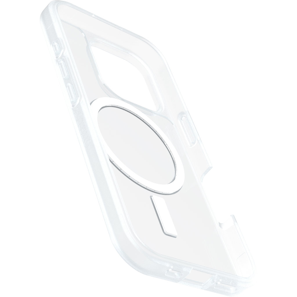 Una custodia trasparente per telefono con un anello magnetico circolare sul retro.